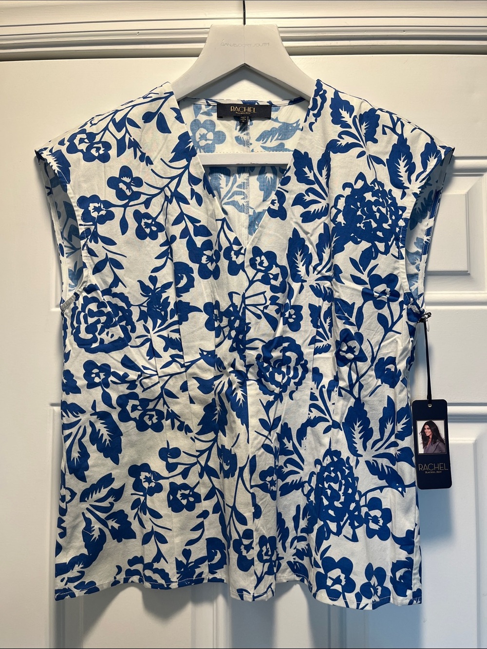Rachel Blue and White Floral V-Neck Cap Sleeve Top